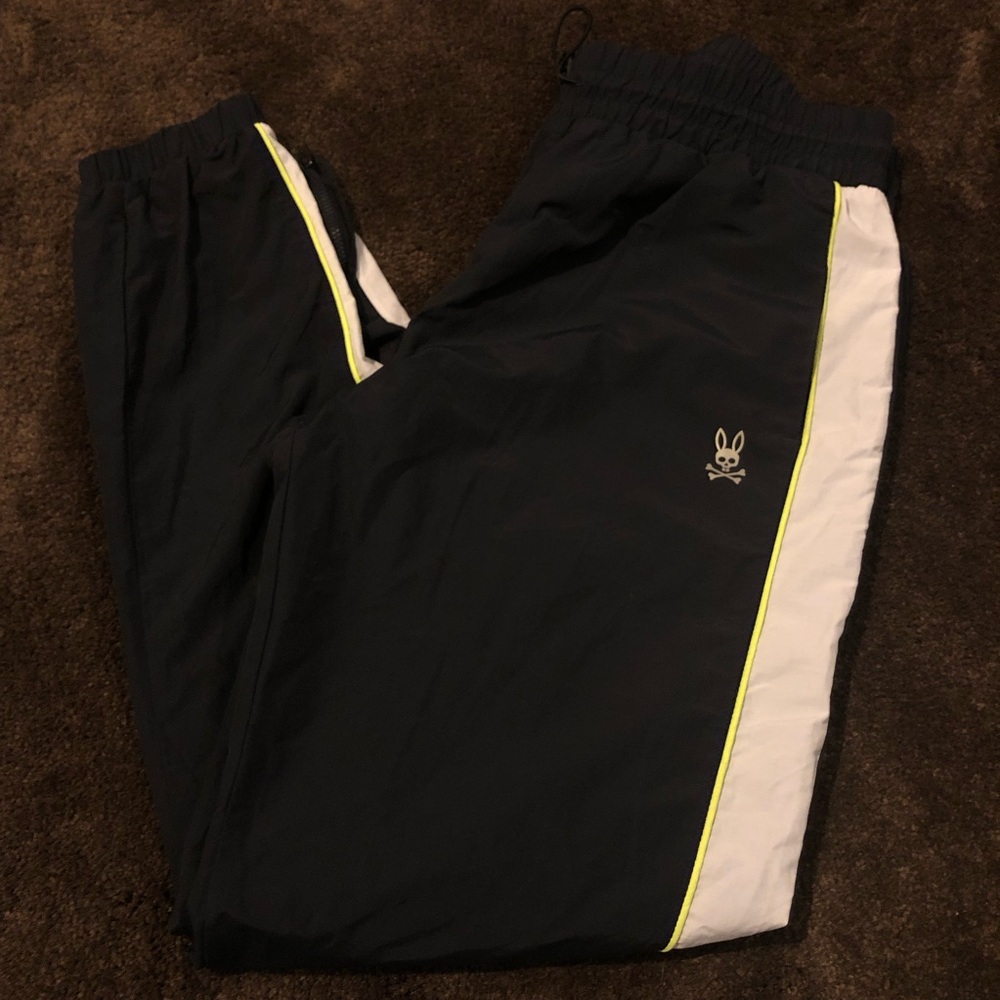 Psycho Bunny Blue Track Pants with White Side Panels and Neon Yellow Piping